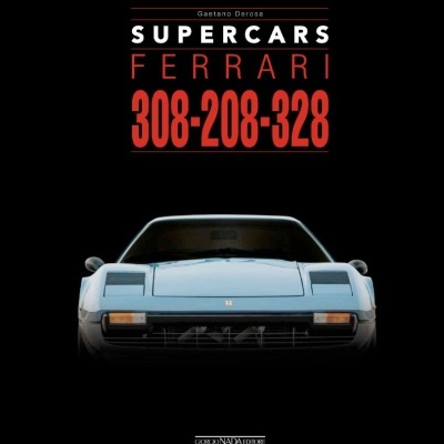 Livro Supercars Ferrari com imagem frontal de carro azul claro e texto em branco e vermelho