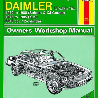 Capa de manual de oficina JAGUAR DAIMLER com desenho técnico de carro e texto em verde, amarelo e branco