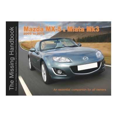 Capa de livro The Missing Handbook para Mazda MX-5 & Miata Mk3 2005 a 2015 com imagem de carro cinzento na estrada