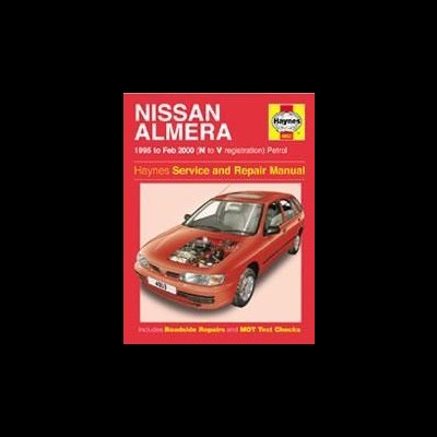 Manual Haynes Nissan Almera 1995-2000 com carro vermelho e motor à vista
