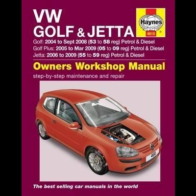 Manual de oficina para VW Golf e Jetta com capa vinho e carro vermelho