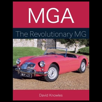 Capa de livro com carro clássico vermelho e texto MGA The Revolutionary MG