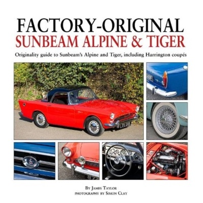 Capa do livro sobre o Sunbeam Alpine e Tiger com imagens de carro vermelho clássico e detalhes