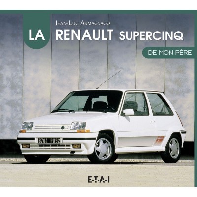 Capa de livro com Renault Supercinq branco e texto em francês.
