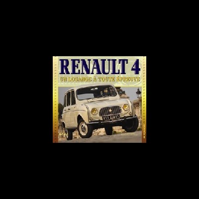 Capa de revista com um Renault 4 creme e texto grande em amarelo e azul