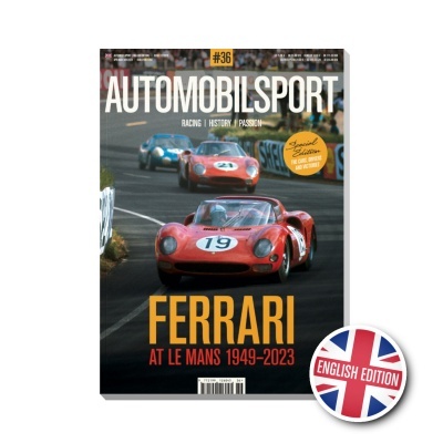 Capa da revista AUTOMOBILSPORT com carros Ferrari vermelhos na pista e texto sobre Le Mans.
