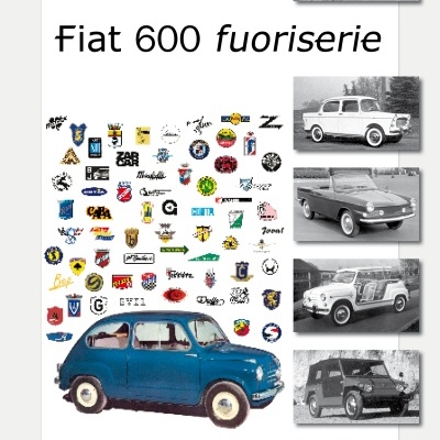 Capa de livro sobre Fiat 600 com fotos de vários modelos e emblemas coloridos