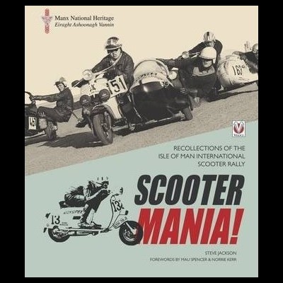 Cartaz vintage de corrida de scooters da Manx National Heritage com texto em inglês e motos com sidecars
