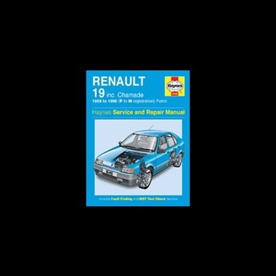 Capa do manual Haynes para Renault 19 inc. Chamade com imagem do carro azul e descrição do serviço