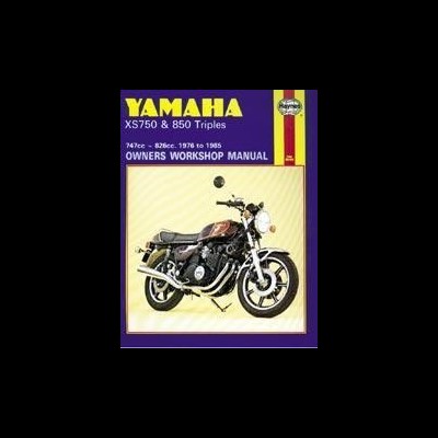 Capa do manual de oficina Yamaha XS750 & 850 Triples com mota preta e texto em fundo amarelo