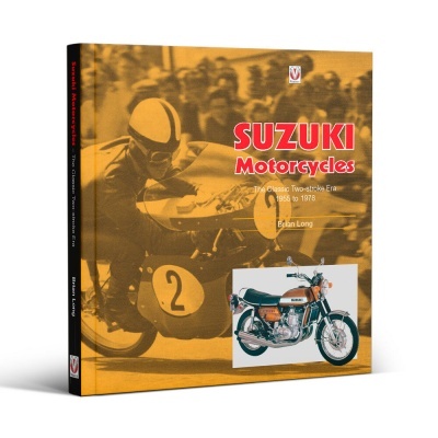 Livro sobre motocicletas Suzuki com capa amarela e imagem de corrida