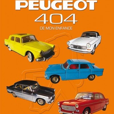 Capa de livro laranja com miniaturas de carros clássicos Peugeot 404 em várias cores