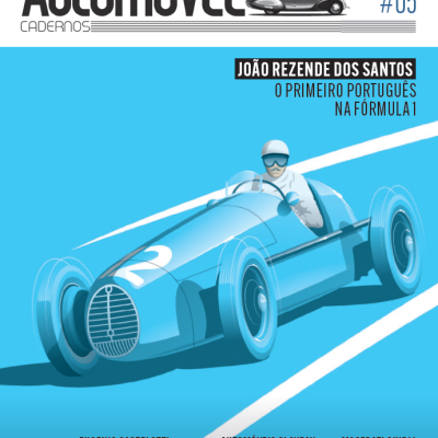 Revista História do Automóvel com ilustração de carro de corrida azul e piloto
