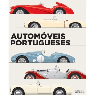 Quatro carros clássicos de várias cores com texto Automóveis Portugueses