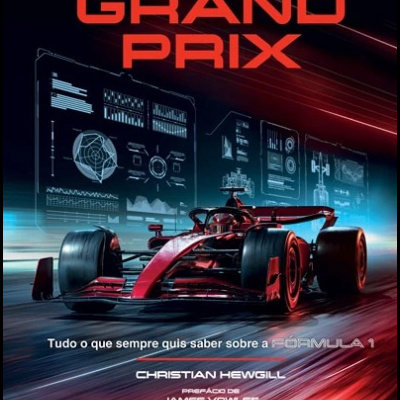 Capa de livro com carro de Fórmula 1 vermelho e preto e textos GRAND PRIX e FÓRMULA 1