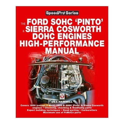 Capa vermelha de manual técnico sobre motores Ford Pinto e Sierra Cosworth com imagem de motor