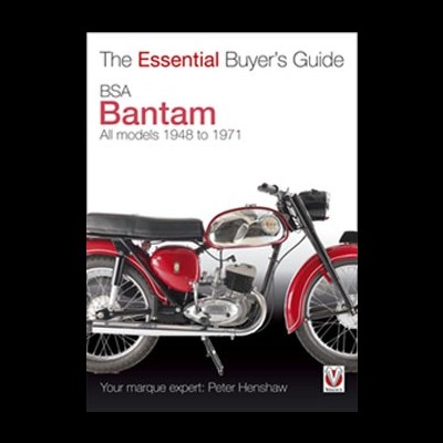 Motocicleta clássica BSA Bantam vermelha e preta com texto guia de compra