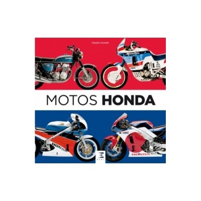 Quatro motos Honda clássicas em fundos vermelho e azul com texto MOTOS HONDA no centro