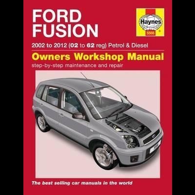 Manual de oficina Ford Fusion com capa vermelha e fotografia de carro cinzento.