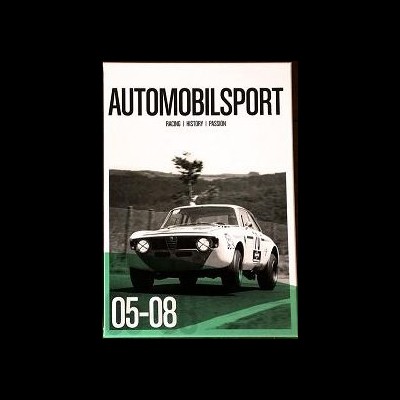 Capa de revista AUTOMOBILSPORT com carro de corrida branco numa estrada
