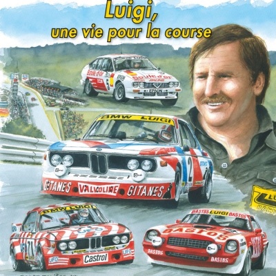 Capa de livro de corrida com carros BMW e título Luigi, une vie pour la course