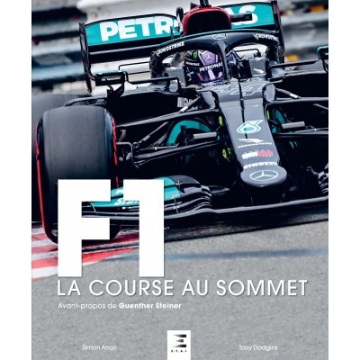Capa de livro com carro de Fórmula 1 preto e verde e texto F1 LA COURSE AU SOMMET