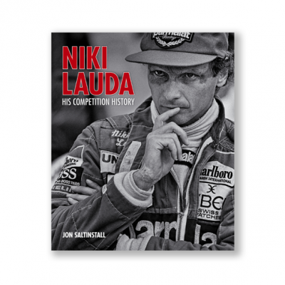 Capa de livro com fotografia de Niki Lauda em fato de corrida