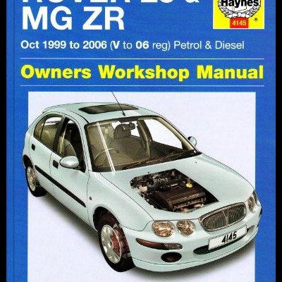Capa azul do manual Haynes para Rover 25 & MG ZR com carro branco na frente
