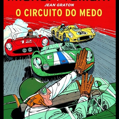 Capa de banda desenhada com carros de corrida e piloto a acenar