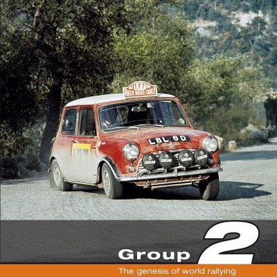 Livro com capa de um carro Mini Cooper clássico de rali vermelho e branco em estrada com texto Group 2 The genesis of world rallying