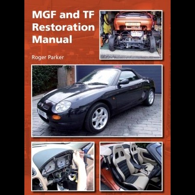 Capa de manual de restauro com título e quatro imagens de carros MGF e TF
