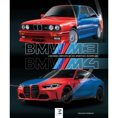 Dois carros BMW vermelho e azul com textos BMW M3 e BMW M4