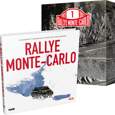 Caixa e livro Rallye Monte-Carlo com design vermelho, branco e imagem de estrada montanhosa