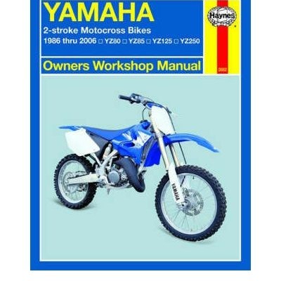 Capa de manual Yamaha 2-stroke Motocross Bikes com imagem de mota azul e texto amarelo e branco.
