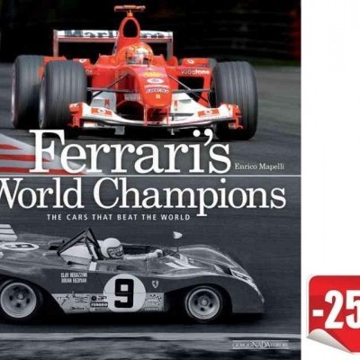 Capa de livro com carros de corrida Ferrari e texto promocional de desconto
