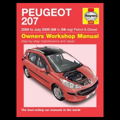 Capa de manual de oficina 'PEUGEOT 207' com carro vermelho 3D e texto em fundo vermelho