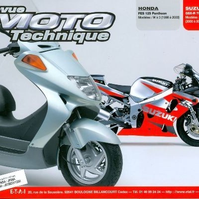 Capa de revista com scooter prateada e moto de corrida Suzuki vermelha, preta e branca