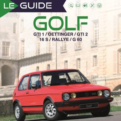 Capa de guia com carro Volkswagen Golf vermelho GTI estacionado diante de edifício antigo.