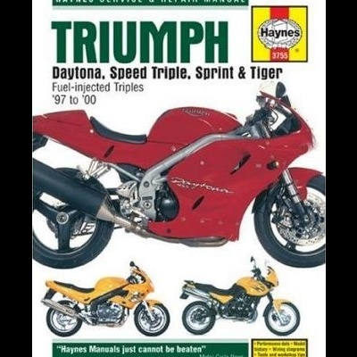 Capa de manual Haynes para motos Triumph com imagens de motos vermelha e amarelas