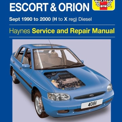 Capa de manual Haynes para Ford Escort & Orion com carro azul mostrado