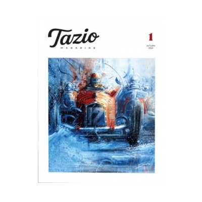 Revista Tazio com capa ilustrada por carro de corrida vermelho em fundo azul