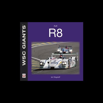 Capa de livro roxa com título Audi R8 e imagem de carro de corrida branco na pista