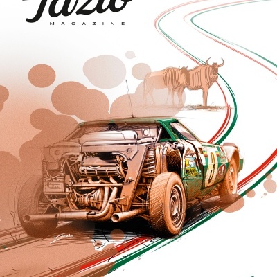 Capa da revista Tazio Magazine com ilustração de carro de corrida e animais ao fundo