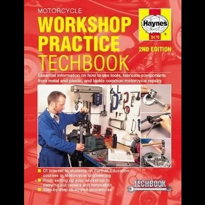 Capa do livro Motorcycle Workshop Practice Techbook com fundo vermelho, amarelo e imagens de oficina