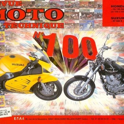Capa da revista Revue Moto Technique Nº 100 com motos Suzuki amarela e Honda preta
