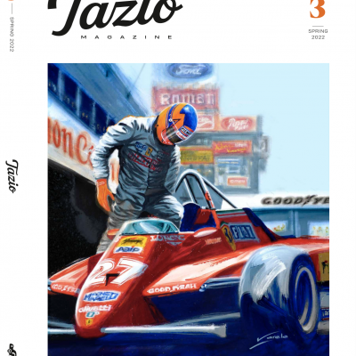 Capa da revista Tazio Magazine com piloto e carro de corrida vermelho, edição 3 Primavera 2022