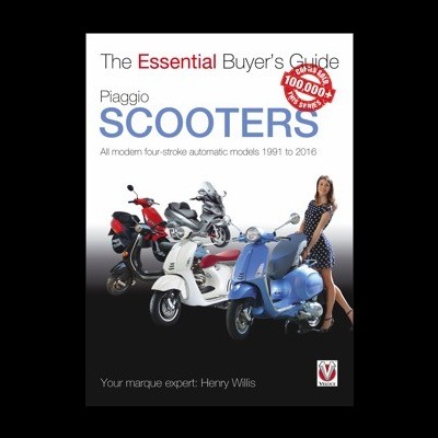 Capa do guia de compra sobre scooters Piaggio com quatro scooters coloridas e uma mulher ao lado