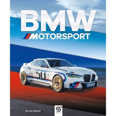 Capa de livro BMW Motorsport com carro desportivo branco e detalhes coloridos