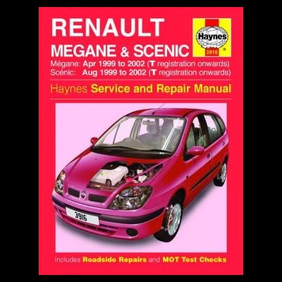 Capa de manual de serviço Haynes para Renault Megane e Scenic com carro vermelho e fundo vermelho