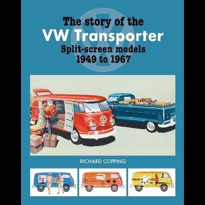 Capa de livro com título e ilustrações de carros VW Transporter coloridos.